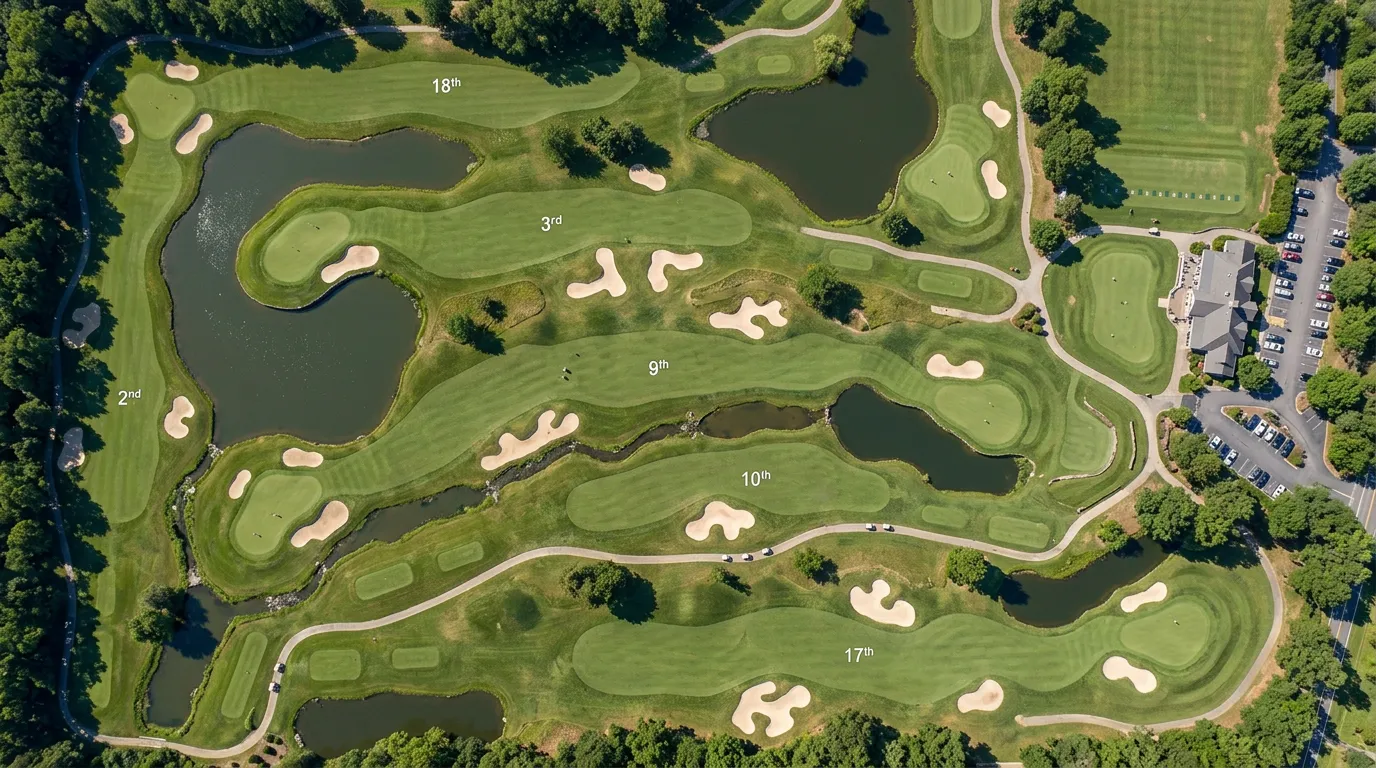 Vista aérea de un campo de golf mostrando bunkers, agua y diseño de hoyos