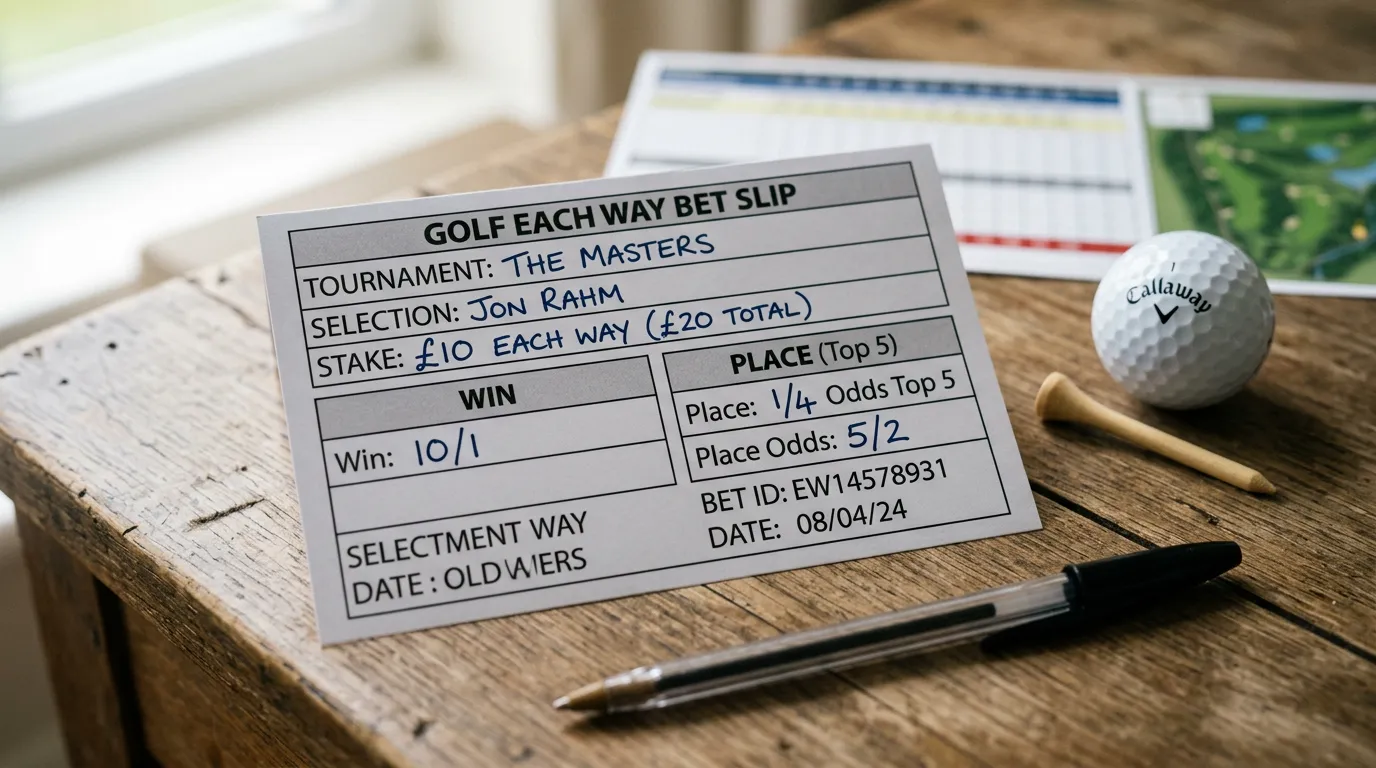 Diagrama explicativo de una apuesta each way en golf mostrando division de apuesta en ganador y posicion