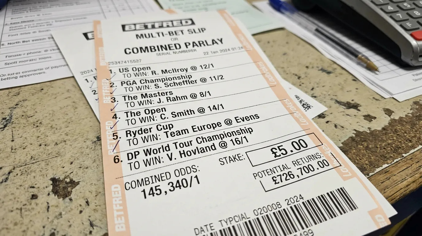 Boleto de apuesta combinada de golf mostrando múltiples selecciones en un parlay