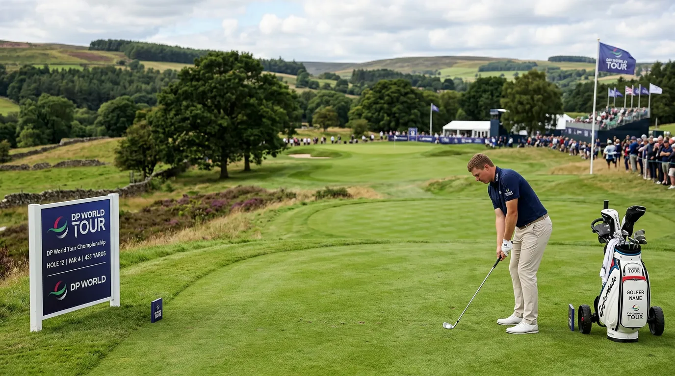 Golfista europeo compitiendo en un torneo del DP World Tour con paisaje característico