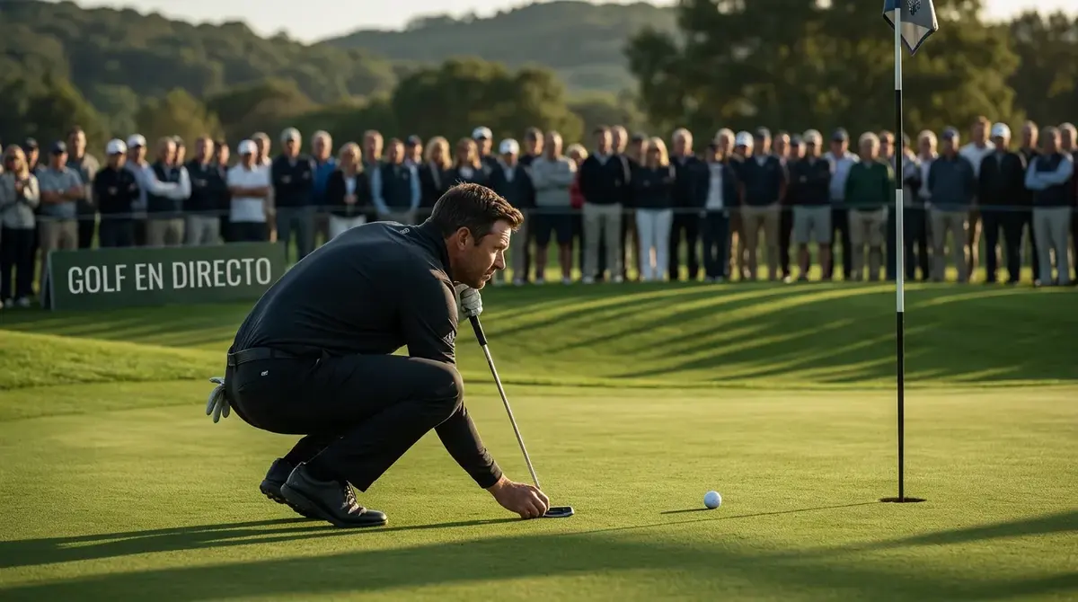 Golfista profesional ejecutando un putt decisivo mientras el público observa en tensión durante una ronda final