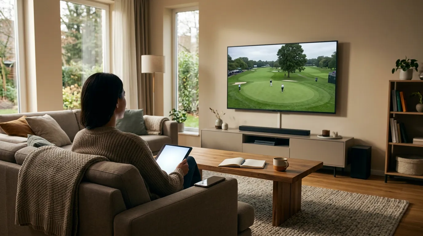 Persona siguiendo torneo de golf en directo en pantalla con datos de apuestas en vivo