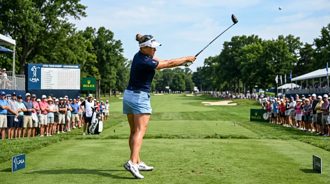 Golfista profesional femenina ejecutando un drive durante un torneo de la LPGA