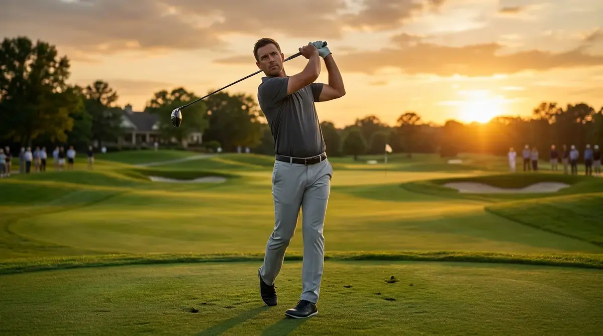 Golfista profesional ejecutando swing perfecto en campo de torneo con luz dorada del atardecer