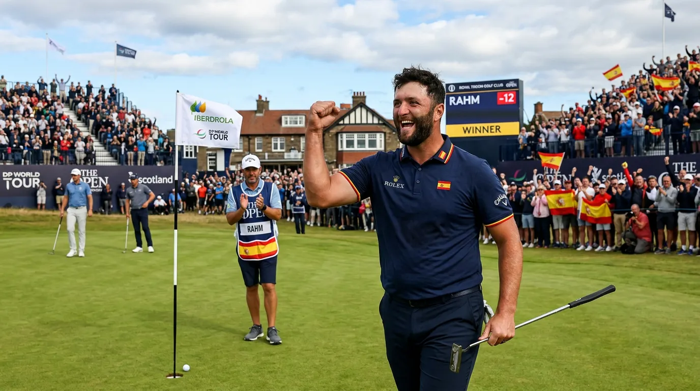 Golfista español profesional celebrando un putt durante un torneo internacional