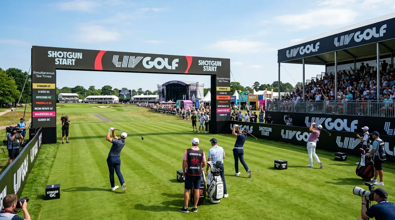 Evento de LIV Golf con formato shotgun start y jugadores de elite en el tee
