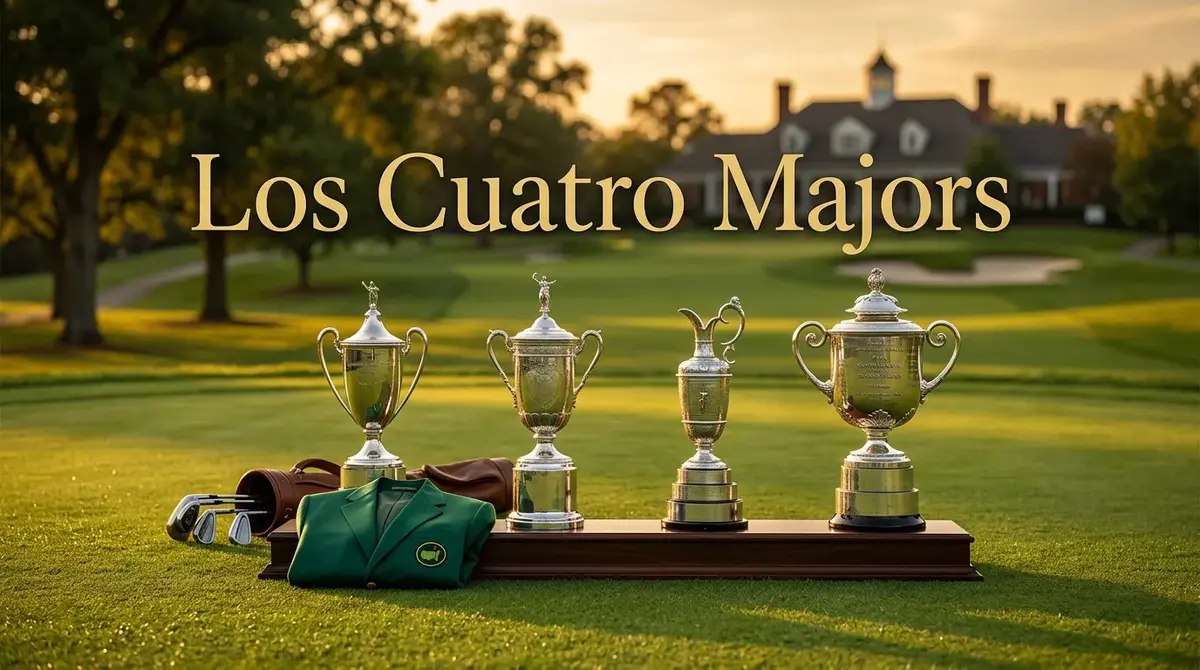 Los cuatro trofeos de los Majors de golf alineados sobre césped verde de un campo profesional