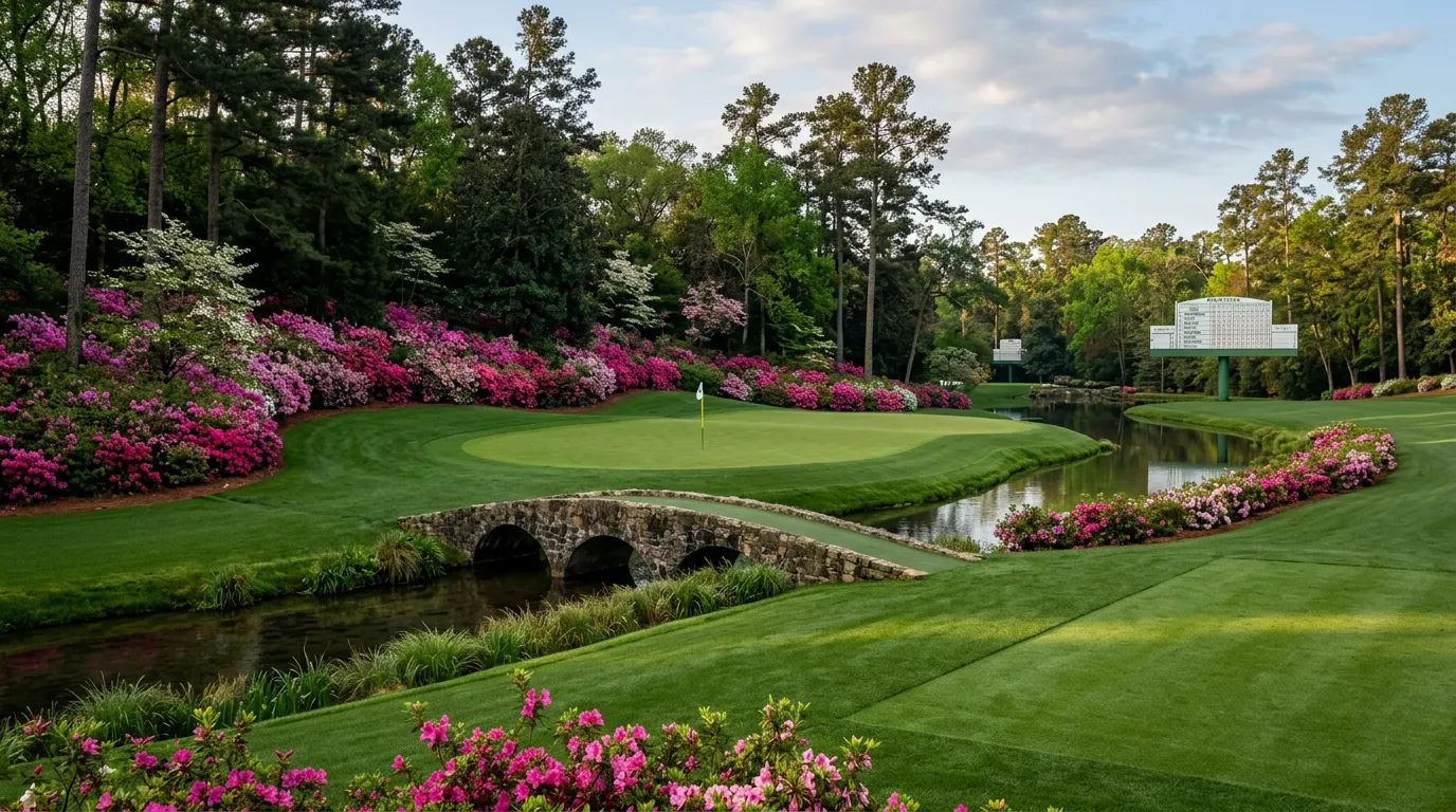 Campo de golf de Augusta National con el icónico hoyo 12 y azaleas en flor durante el Masters