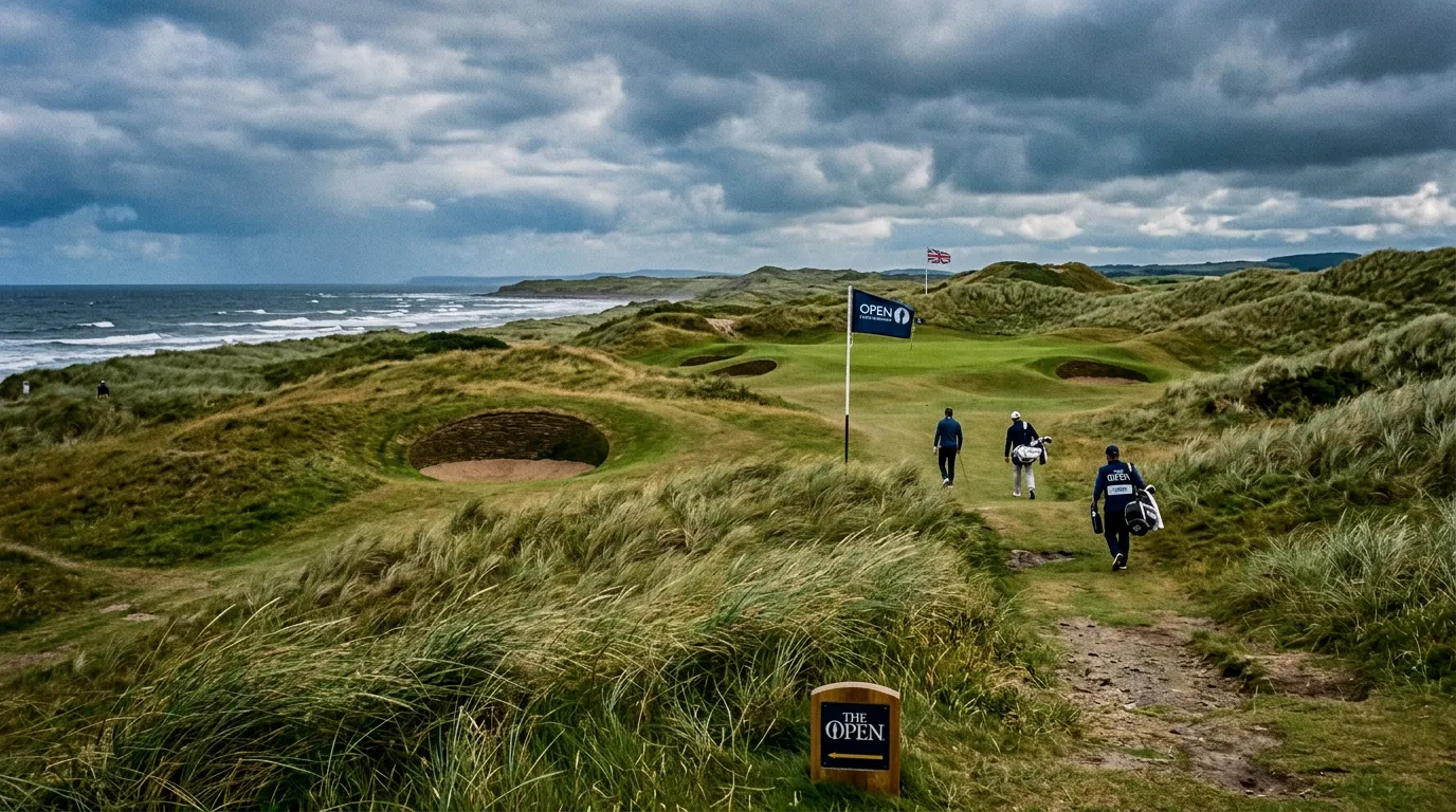 Campo de golf links escocés con dunas y cielo nublado típico de The Open Championship