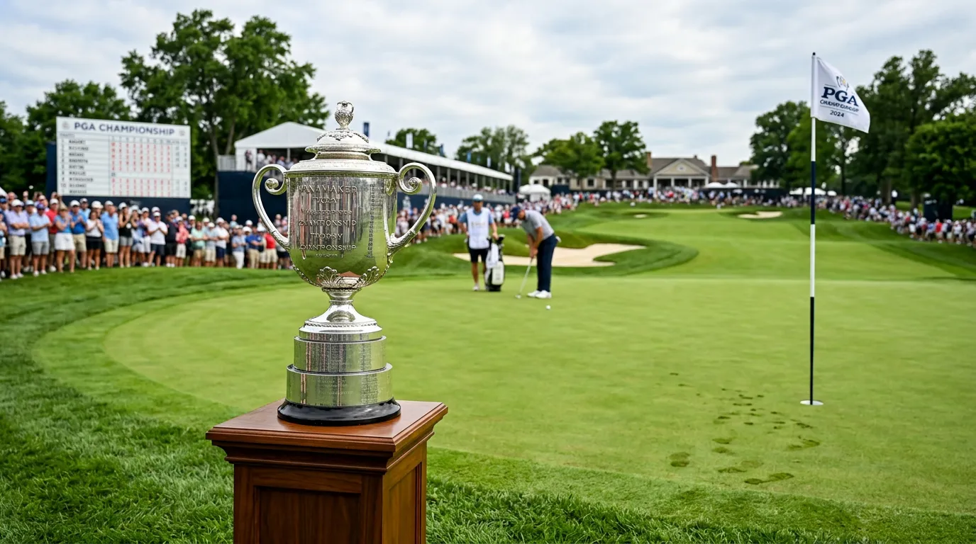 Trofeo Wanamaker del PGA Championship junto a un green de campeonato