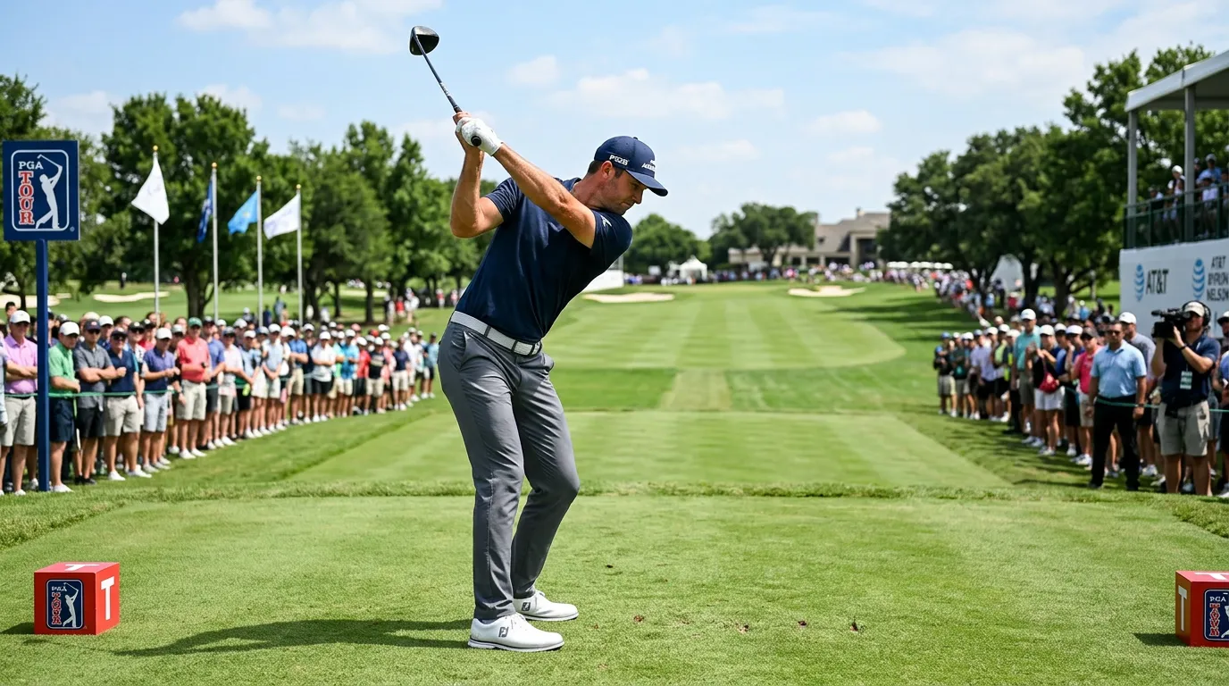 Golfista profesional ejecutando un swing durante un torneo del PGA Tour