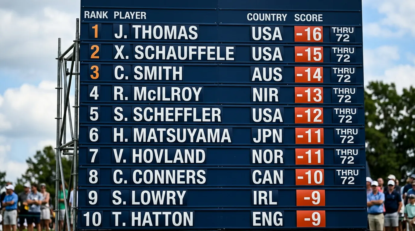 Leaderboard de torneo mostrando las primeras posiciones con jugadores en Top 5 y Top 10