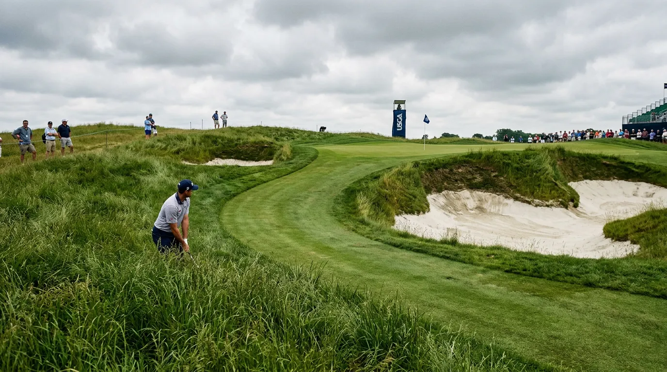 Campo de golf preparado para el US Open con rough alto y banderas de la USGA