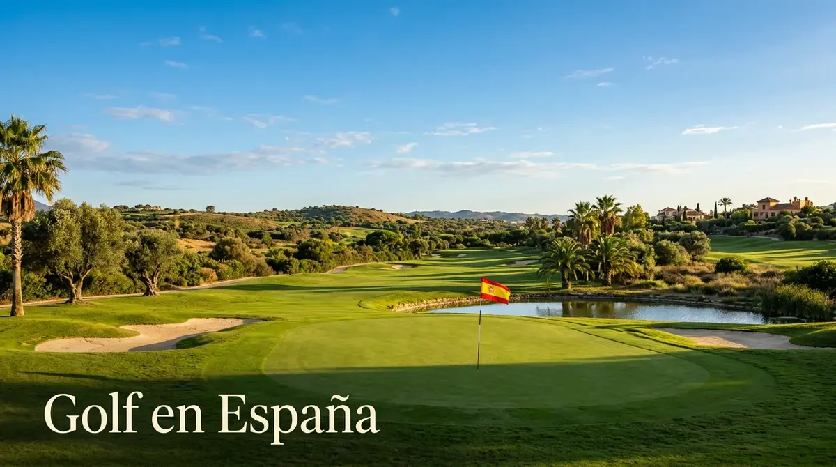 Campo de golf español con bandera de España ondeando junto al green bajo cielo azul mediterráneo