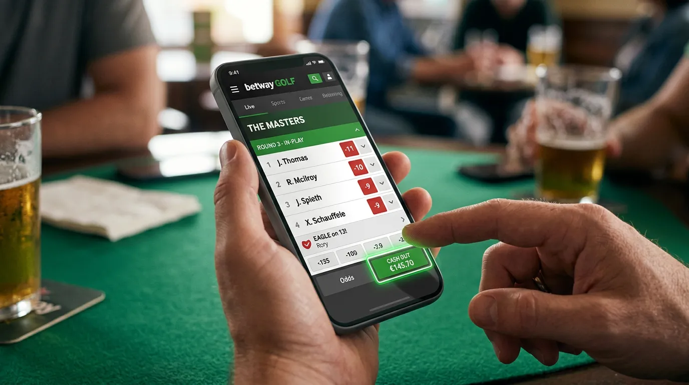 Pantalla de aplicación de apuestas mostrando opción de cash out durante torneo de golf