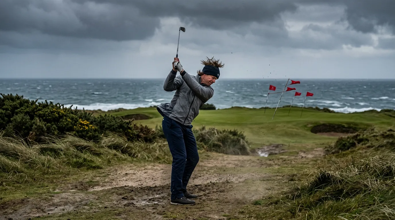 Golfista jugando bajo condiciones de viento fuerte con banderas ondeando en el campo