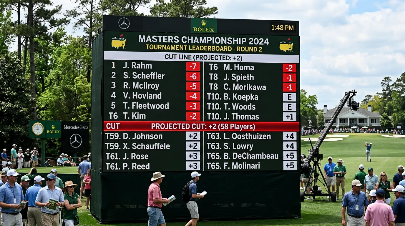 Leaderboard de torneo de golf mostrando la línea de corte y jugadores clasificados