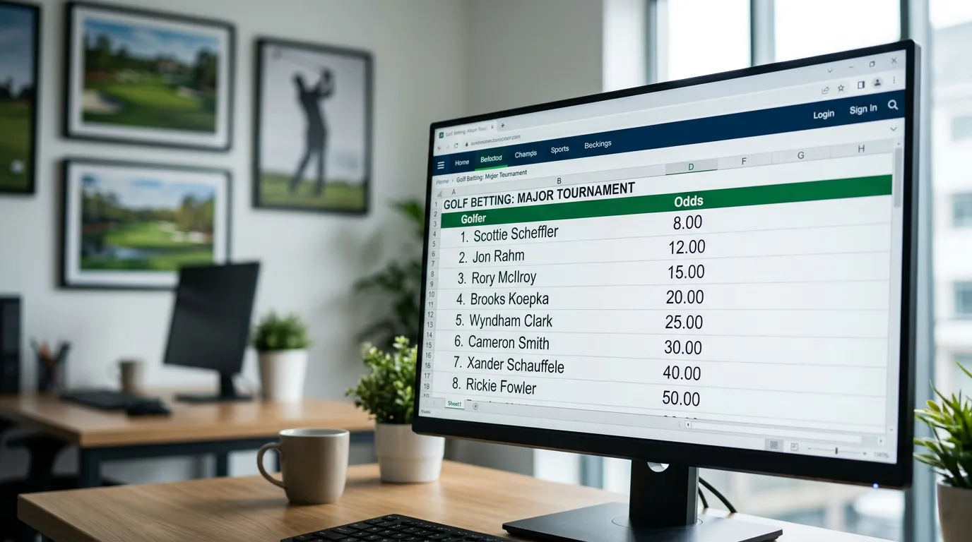 Pantalla mostrando cuotas decimales de apuestas de golf con probabilidades implícitas