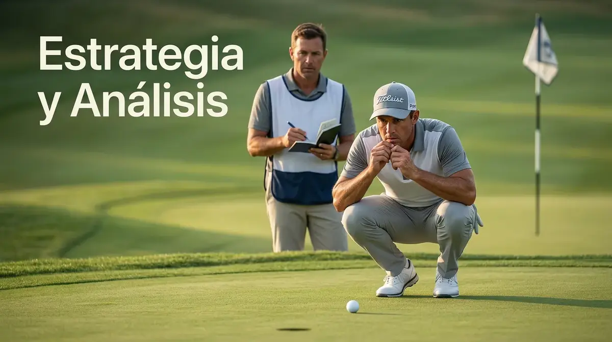 Golfista profesional estudiando la línea de un putt con concentración intensa en un green perfectamente cuidado