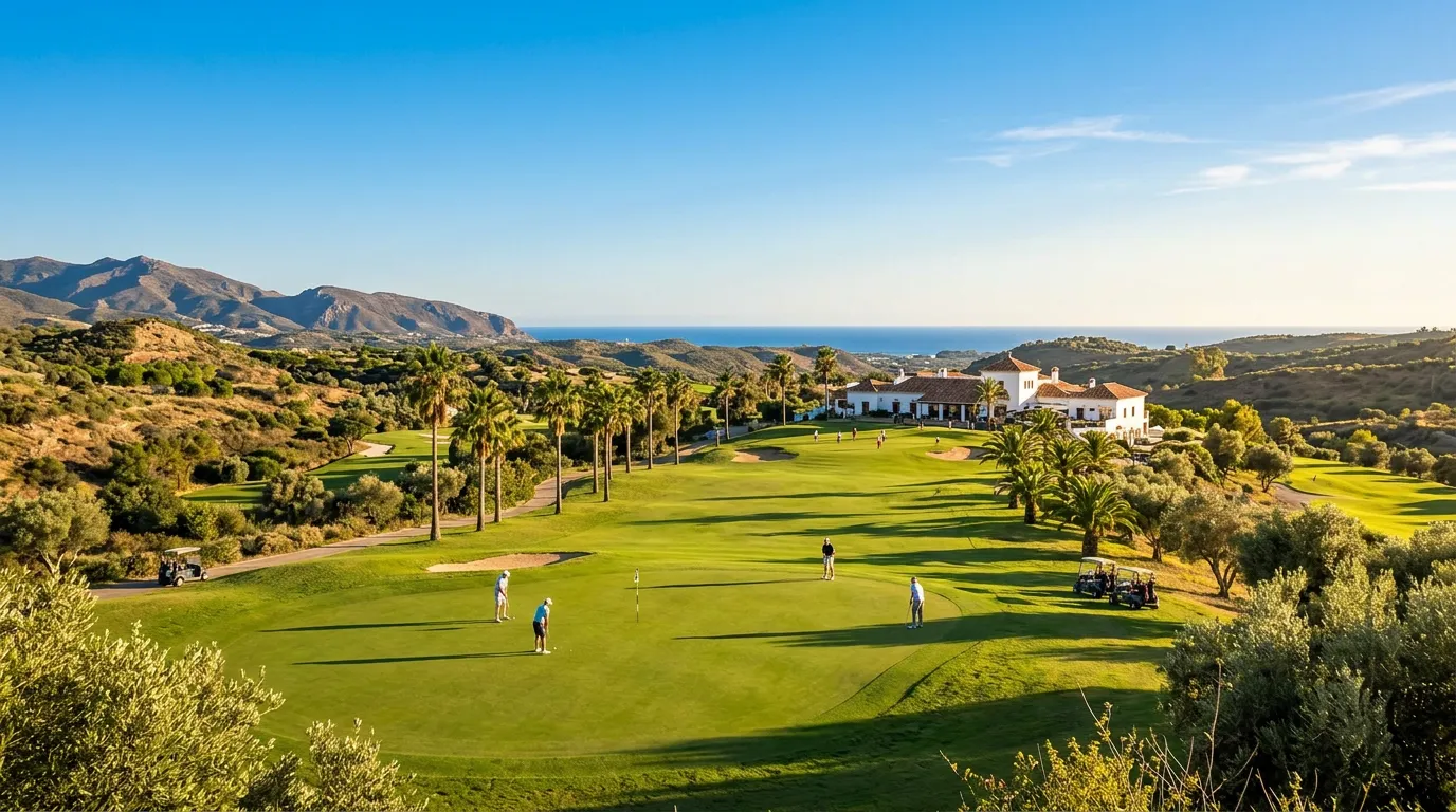 Campo de golf en España con paisaje mediterráneo y golfistas españoles practicando