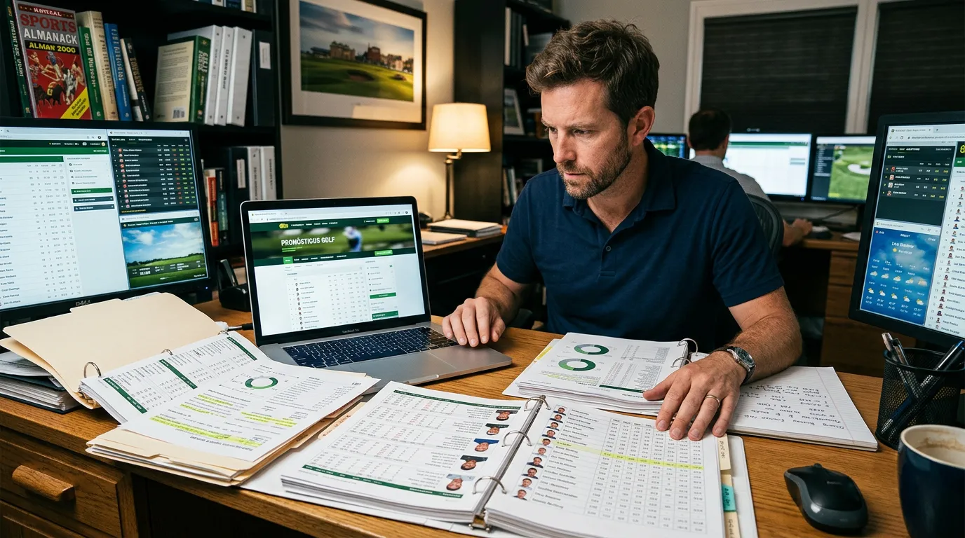 Analista revisando estadísticas y datos de golfistas antes de un torneo profesional