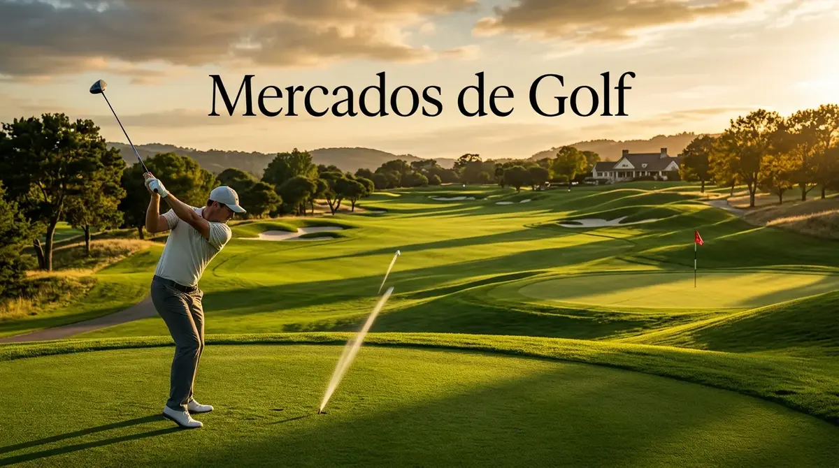 Golfista profesional ejecutando un swing perfecto en el tee de salida de un campo de campeonato