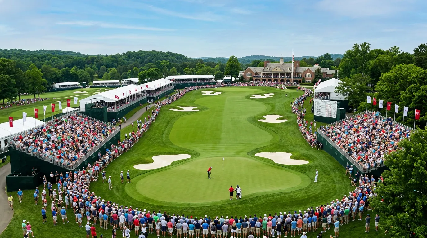 Vista panorámica de campo de golf durante torneo Major con tribunas y espectadores