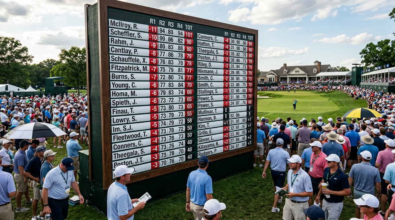 Campo de golf con 156 jugadores representados visualmente para ilustrar la varianza del formato